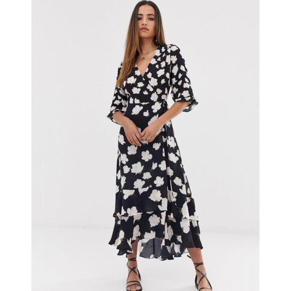 AllSaints Delana Caro Floral Wrap Dress Black White Midi High Low WD479Q Small